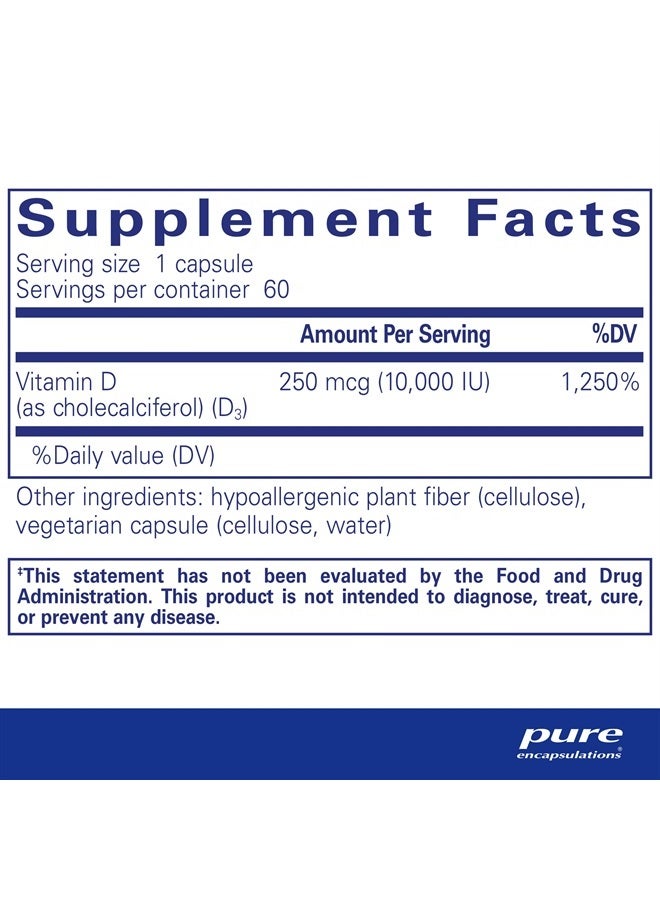Pure Encapsulations فيتامين د3 250 ميكروغرام (10,000 وحدة دولية) - مكمل لدعم صحة العظام والمفاصل والثدي والقلب والقولون والمناعة - مع فيتامين د الممتاز - 60 كبسولة - Image 2