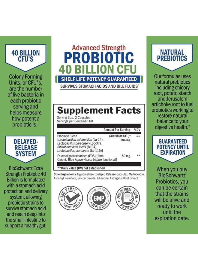 BioSchwartz Daily Probiotic Supplement 40 Billion CFU - Gut Health Complex with Astragalus and Lactobacillus Acidophilus Probiotic for Women and Men - Shelf Stable, with Prebiotics for Digestive Health 120 ct - Image 4