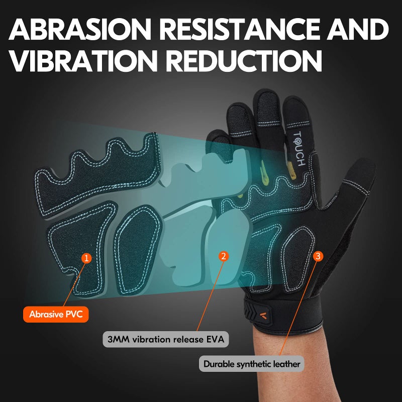 VGO Vgo... 1-Pair Heavy-Duty Synthetic Leather Work Gloves, Impact Protection Mechanic Gloves, Rigger Gloves, High Dexterity, Vibration Reduction, Touchscreen Capable (Size XL, Black, SL8849)  - Image 3