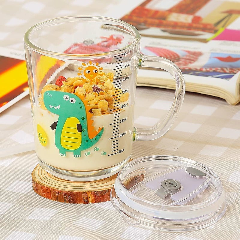 RIOMTRIC Glass Milk Cup With Silicone Straw And Lid Handle MugCup For Kids Juice And Drinking Mug For Milk Coffee Juice Thick Shake Random Design Clear 1 Piece 350 milliliter - Image 5