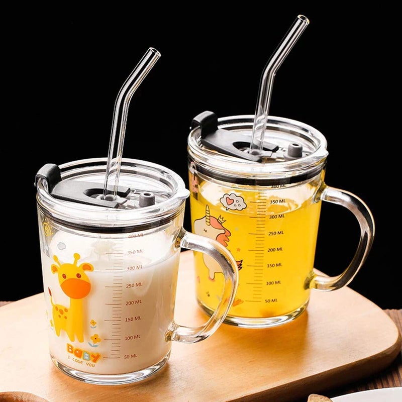 RIOMTRIC Glass Milk Cup With Silicone Straw And Lid Handle MugCup For Kids Juice And Drinking Mug For Milk Coffee Juice Thick Shake Random Design Clear 1 Piece 350 milliliter - Image 3