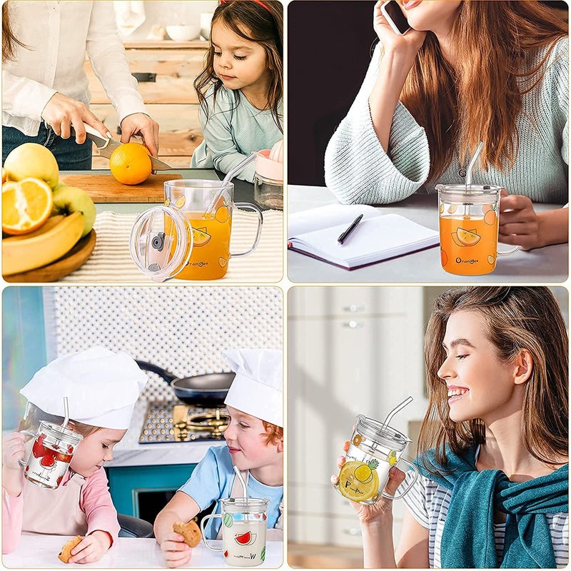 RIOMTRIC Glass Milk Cup With Silicone Straw And Lid Handle MugCup For Kids Juice And Drinking Mug For Milk Coffee Juice Thick Shake Random Design Clear 1 Piece 350 milliliter - Image 4