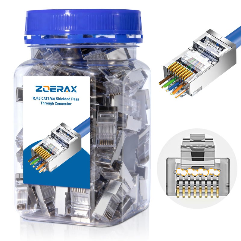 ZOERAX 100-Pack Cat 6A RJ45 Pass Through Connector, Cat 6 RJ45 Connector Wire OD 1.20mm Ethernet Ends/Shielded RJ45 Connector for Solid or Stranded FTP/STP Cable - Image 1