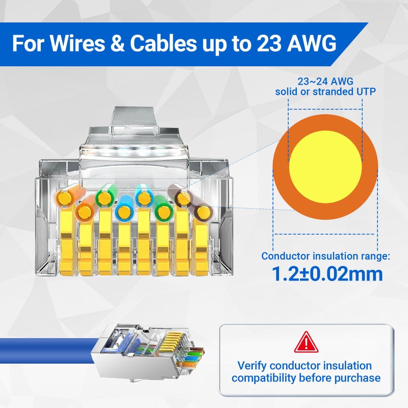 ZOERAX 100-Pack Cat 6A RJ45 Pass Through Connector, Cat 6 RJ45 Connector Wire OD 1.20mm Ethernet Ends/Shielded RJ45 Connector for Solid or Stranded FTP/STP Cable - Image 2
