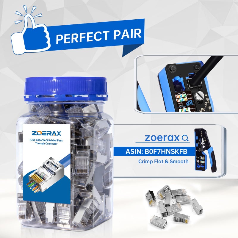ZOERAX 100-Pack Cat 6A RJ45 Pass Through Connector, Cat 6 RJ45 Connector Wire OD 1.20mm Ethernet Ends/Shielded RJ45 Connector for Solid or Stranded FTP/STP Cable - Image 4