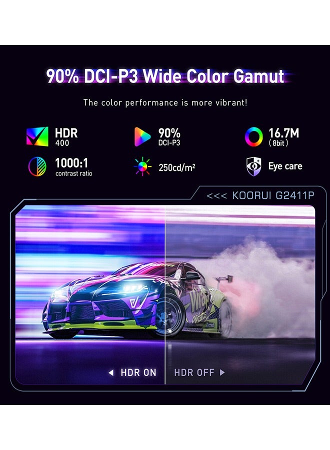 KOORUI KOORUI Gaming Monitor 24-inch IPS FHD 1920 x 1080, 200Hz 1ms HDR400 90% DCI-P3 Color Gamut, Adaptive Sync Ultra Slim Frame, VESA Mountable, HDMI x 2, DisplayPort, Black, G2411P  - Image 2