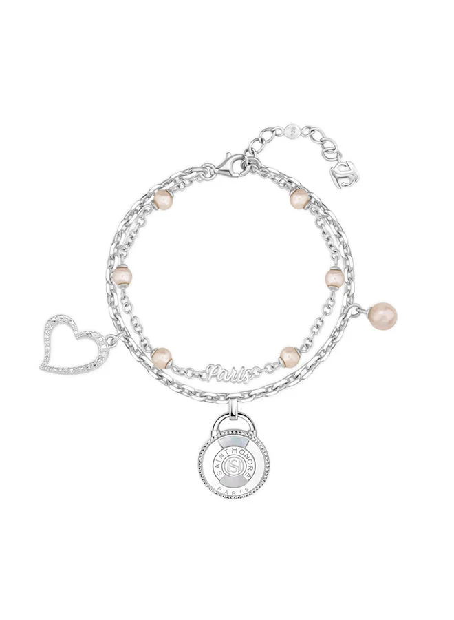 Saint Honore Paris Aimee Rhodium,3 Hanging Charms Double Layer Pink FreWater Pearls Bracelet - 170+35mm