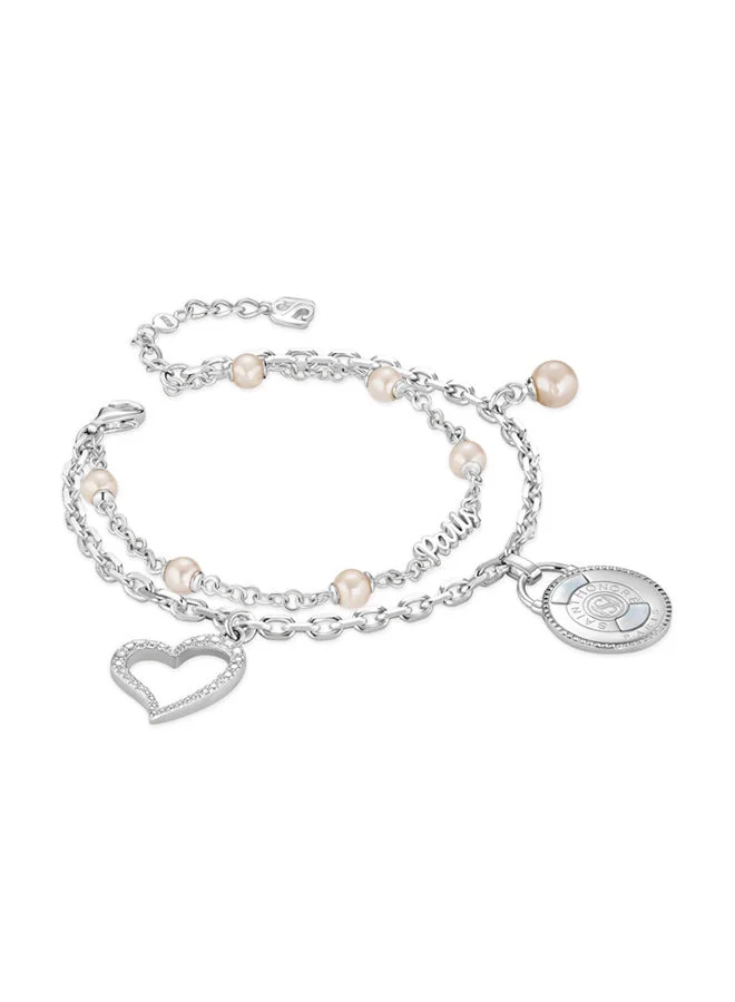 Saint Honore Paris Aimee Rhodium,3 Hanging Charms Double Layer Pink FreWater Pearls Bracelet - 170+35mm