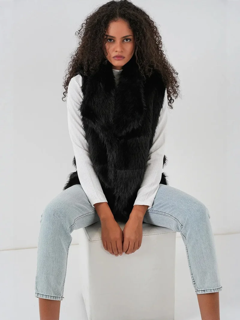 Big Dart Black BDART Faux Fur Shawl Collar Vest for Women | Best Price UAE