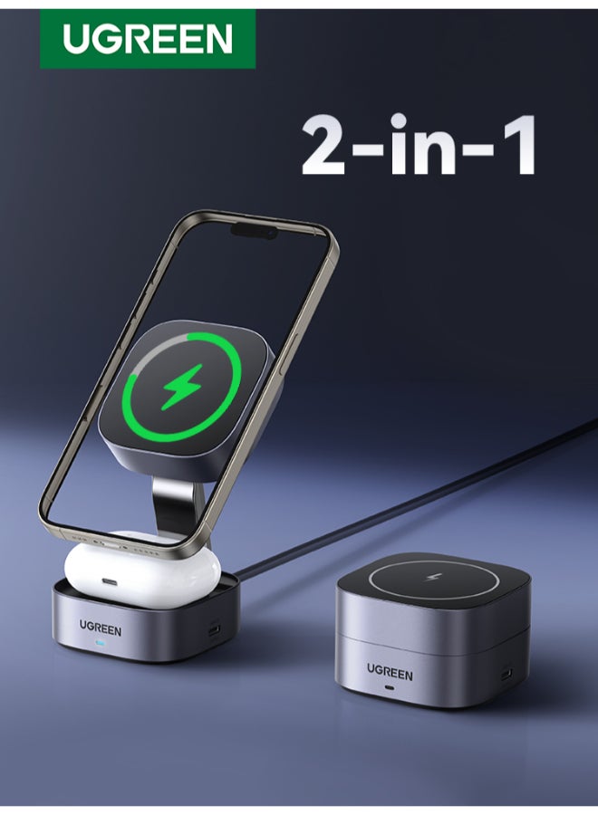 Ugreen 2 In 1 Wireless Charging Station Foldable for iPhone 16 15 Series /Airpods Charger Wireless Qi For Smart Watch Compatible with Apple iWatch Huawei GT Xiaomi Sport Bluetooth Earbuds Headphones 2 IN 1 7.5W