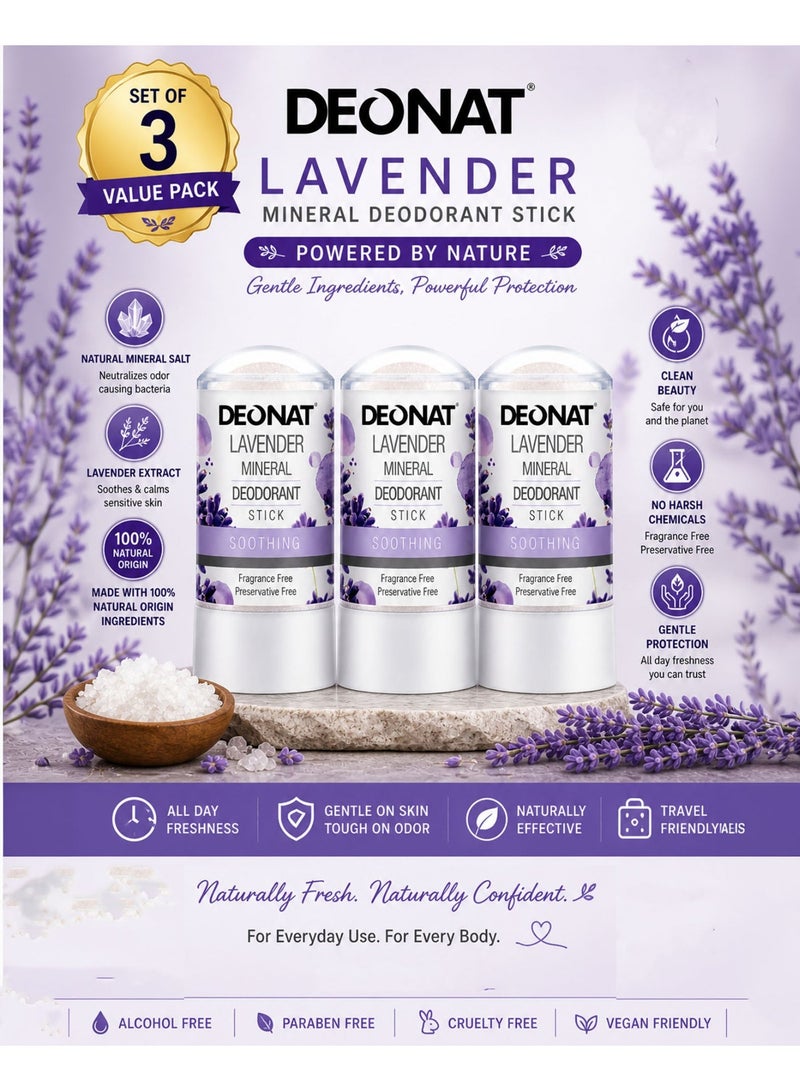 DEONAT Lavender Mineral Deodorant Stick 60g Pack of 3 Natural Alum Crystal Deodorant Antibacterial Anti Odor Soothing Underarm Care for Sensitive Skin Non Staining Long Lasting All Day Protection for Men and Women - Image 1