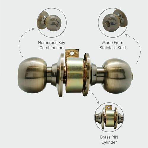 Yale CA5122 Antique Brass Bathroom Knobset - Classic Keyless Cylindrical Lock -Antique Brass Pin Latch Tubular Door Knob Lock - (Bathroom Lock Without Key) - Image 4