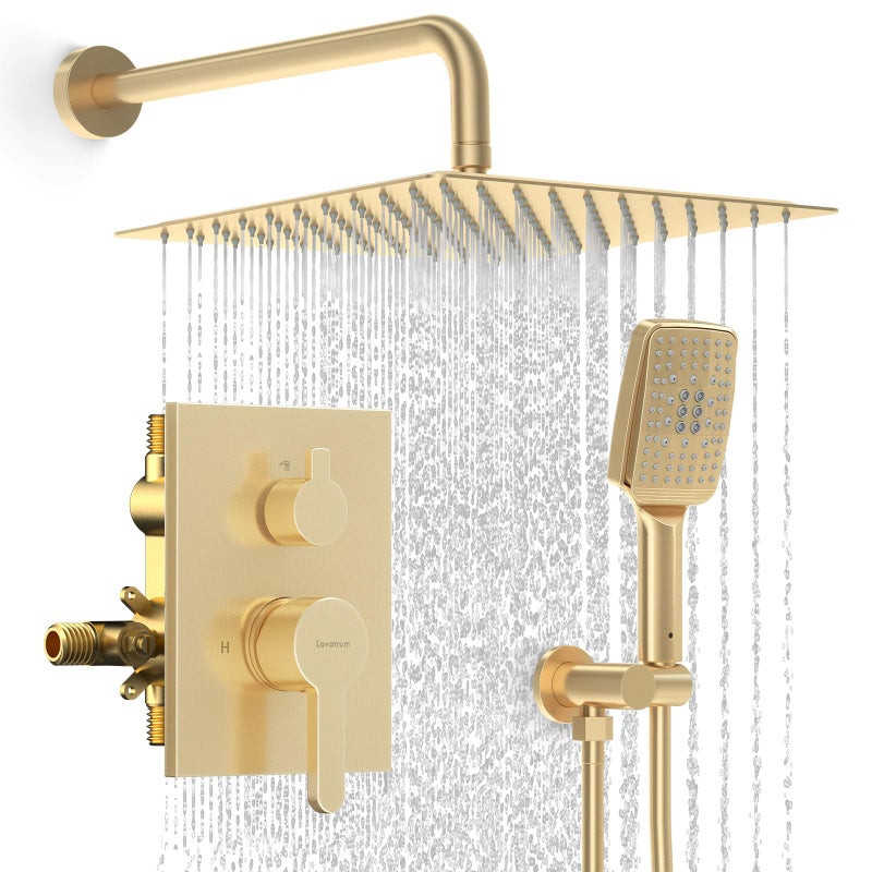 Lavatrum Shower Faucet Set 12 inches Rain Shower System with 6 Function Handheld Shower Head Rough in Pressure Balance Valve Kit Stainless Steel Bathroom Shower Kit Complete Brushed Gold