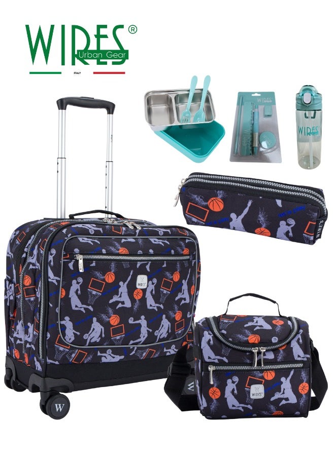 Wires 3 Piece Kids School Trolley Bag laptop compartment 8 Wheels With Lunch bag & Pencil Case  - Image 1