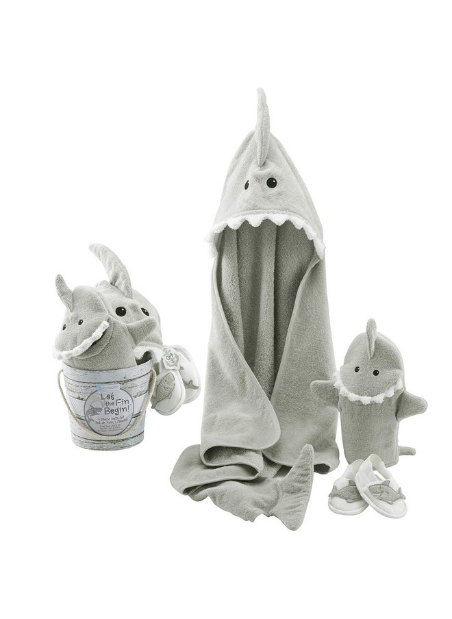 Baby Aspen - Baby Aspen Baby Girls 4pc Bath Time Gift Set Hooded Towel, Gray, Gray Shark US - Image 1