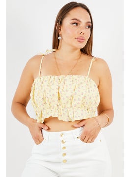 NA-KD Women Square Neck Sleeveless Floral Print Crop Top, Yellow Combo  - Image 1