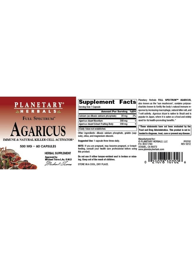 Planetary Herbals Agaricus Extract Full Spectrum Capsules, 500 mg, 60 Count - Image 4