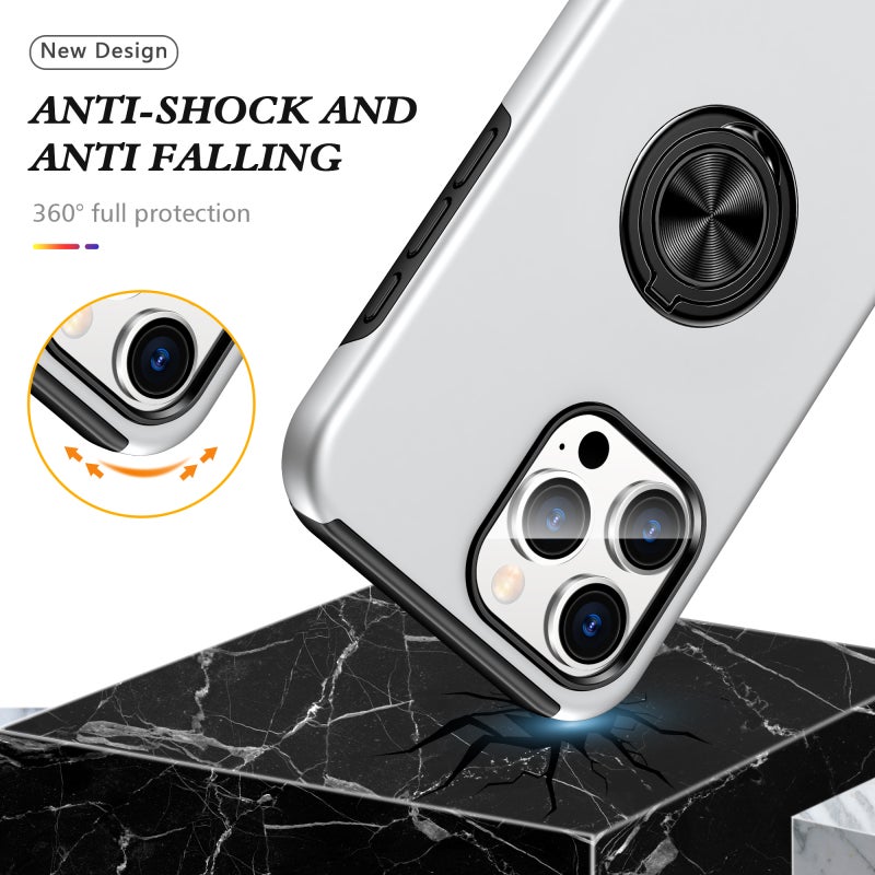 HuHa Protective Cover For iPhone 16 Pro PC + TPU Magnetic Phone Case with Invisible Ring Holder(Silver) - Image 3