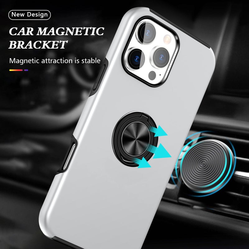 HuHa Protective Cover For iPhone 16 Pro PC + TPU Magnetic Phone Case with Invisible Ring Holder(Silver) - Image 2