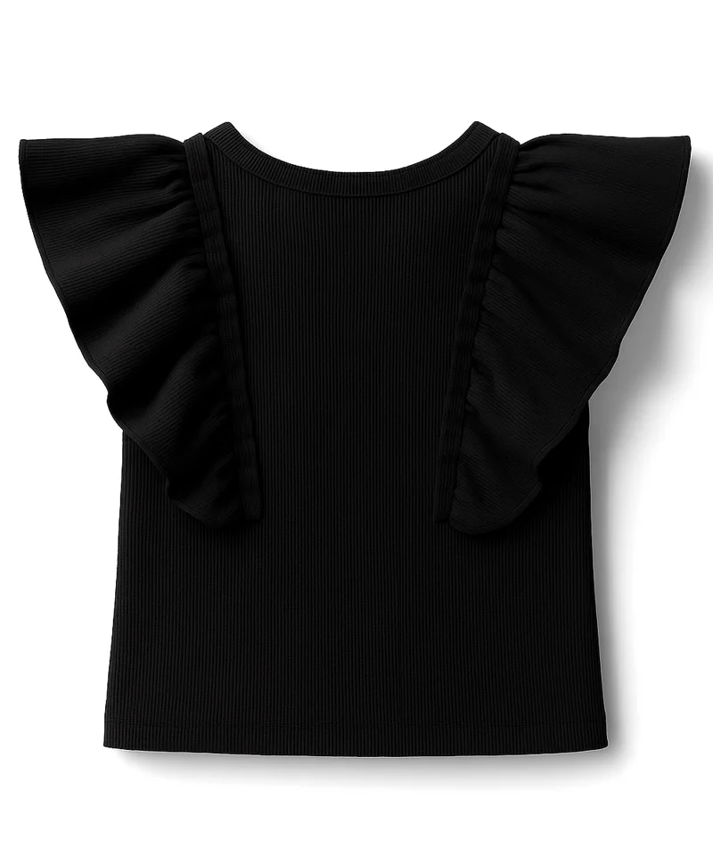 Pine Kids Pine Kids Cotton Knit Half Flutter Sleeves Solid Color Top - Black