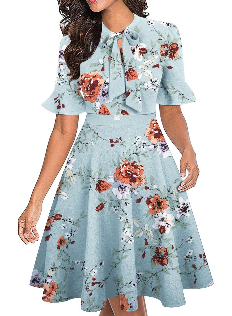 RANPHEE Ladies Easter Dresses Summer Light Blue Retro Classy Elegant Stretchy Knee Length Womens A Line Wedding Guest Cocktail Dress L - Image 1