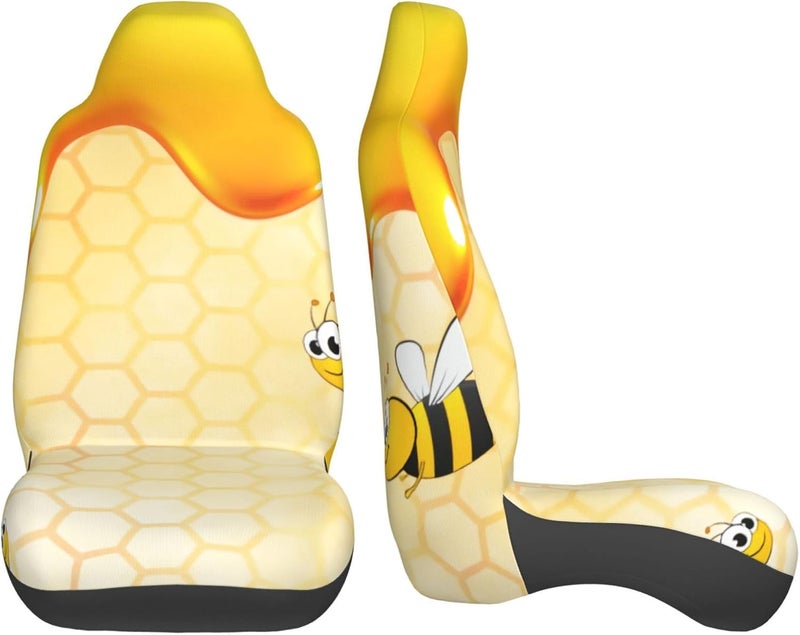 أغطية مقاعد سيارات Happy Bumble Bees Yellow Universal (مجموعة مكونة من قطعتين) - مقاومة للتمدد، مناسبة للمقاعد الأمامية في السيارات والشاحنات والسيارات الرياضية | تصميم على شكل خزان، قابلة للتنفس - Image 4