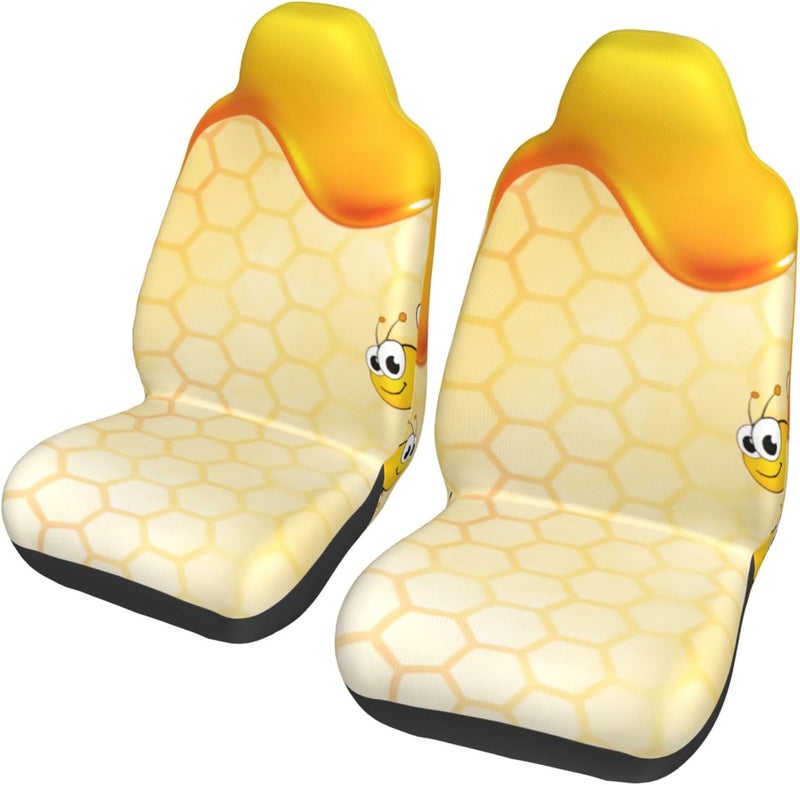 أغطية مقاعد سيارات Happy Bumble Bees Yellow Universal (مجموعة مكونة من قطعتين) - مقاومة للتمدد، مناسبة للمقاعد الأمامية في السيارات والشاحنات والسيارات الرياضية | تصميم على شكل خزان، قابلة للتنفس - Image 1