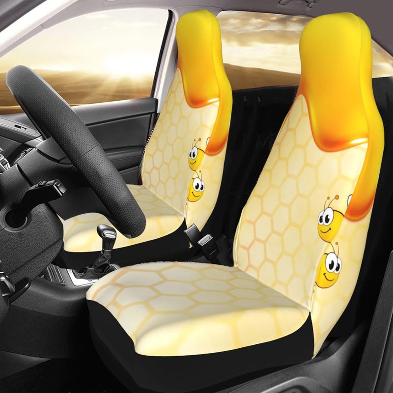أغطية مقاعد سيارات Happy Bumble Bees Yellow Universal (مجموعة مكونة من قطعتين) - مقاومة للتمدد، مناسبة للمقاعد الأمامية في السيارات والشاحنات والسيارات الرياضية | تصميم على شكل خزان، قابلة للتنفس - Image 3