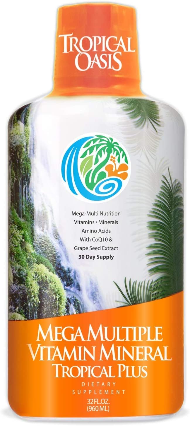 Tropical Oasis Mega Plus Liquid Multivitamin and Mineral Supplement Includes 85 Vitamins Minerals 20 Amino Acids CoQ10 Grape Seed Extract Organic Aloe Vera 32oz 32 Servings 33460
