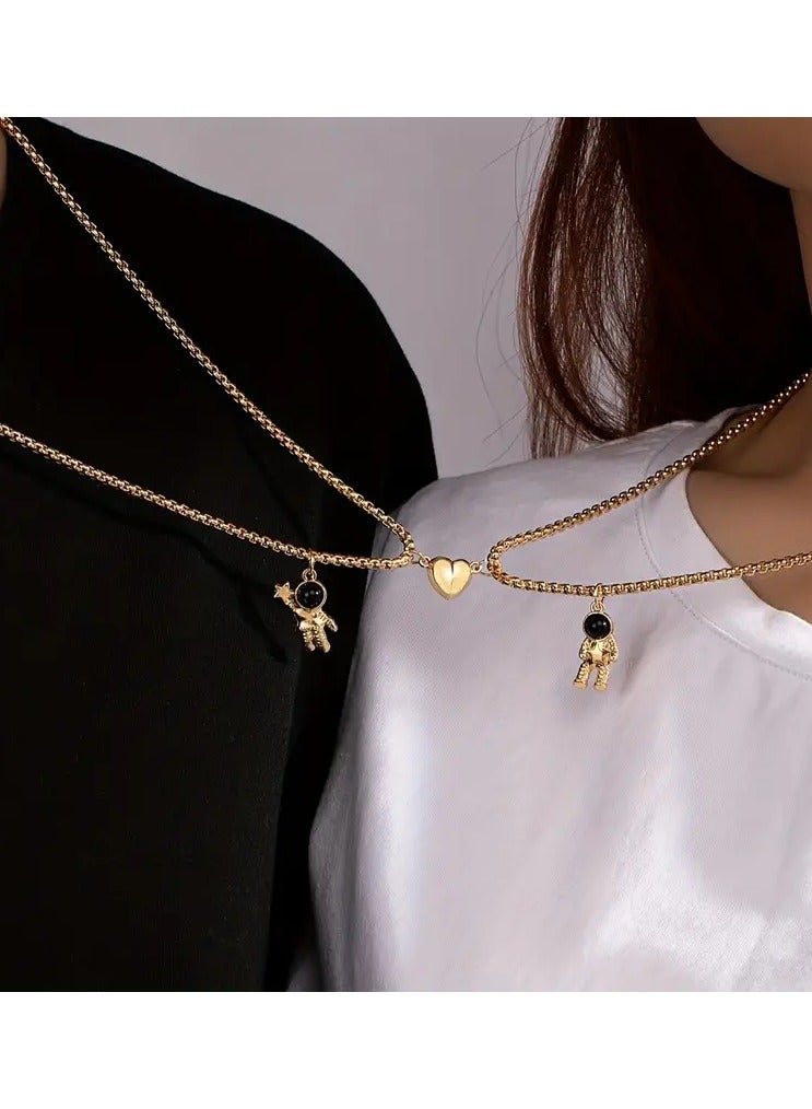 Goolsky Boho Zinc Alloy Astronaut Pendant Necklace Set for Couples – Daily & Gift Occasion Jewelry, Heart Detail, All Seasons, Matching Design - Image 1