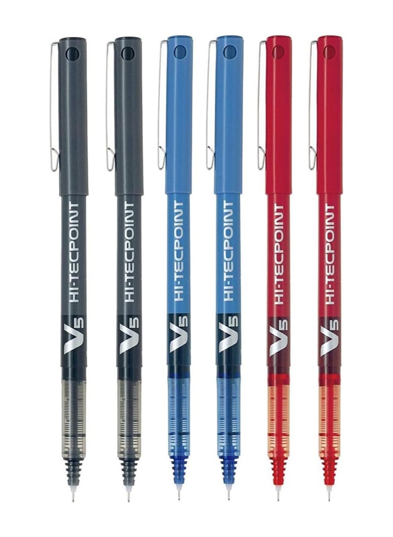 بايلوت Pilot BX V5 متنوعة Hi-Tecpoint (عبوة من 6) 2 أزرق + 2 أسود + 2 أحمر