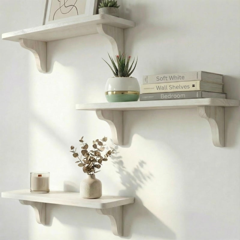 Willowy Real Wood White Shelves for Wall - 17 inch (3 Pack) - Easy to Install, Template and Video Included - White Wall Shelves, Shelves for Room, Decorative Shelves, White Wall Shelf - Image 1