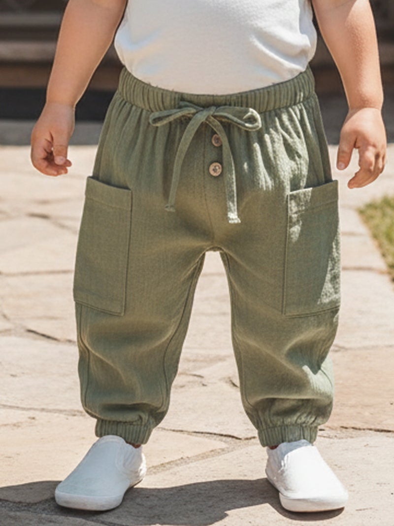 Baby Boys Pants Elastic Waist Solid Color Jogger Pants Casual Cargo Trousers with Pockets - Image 1