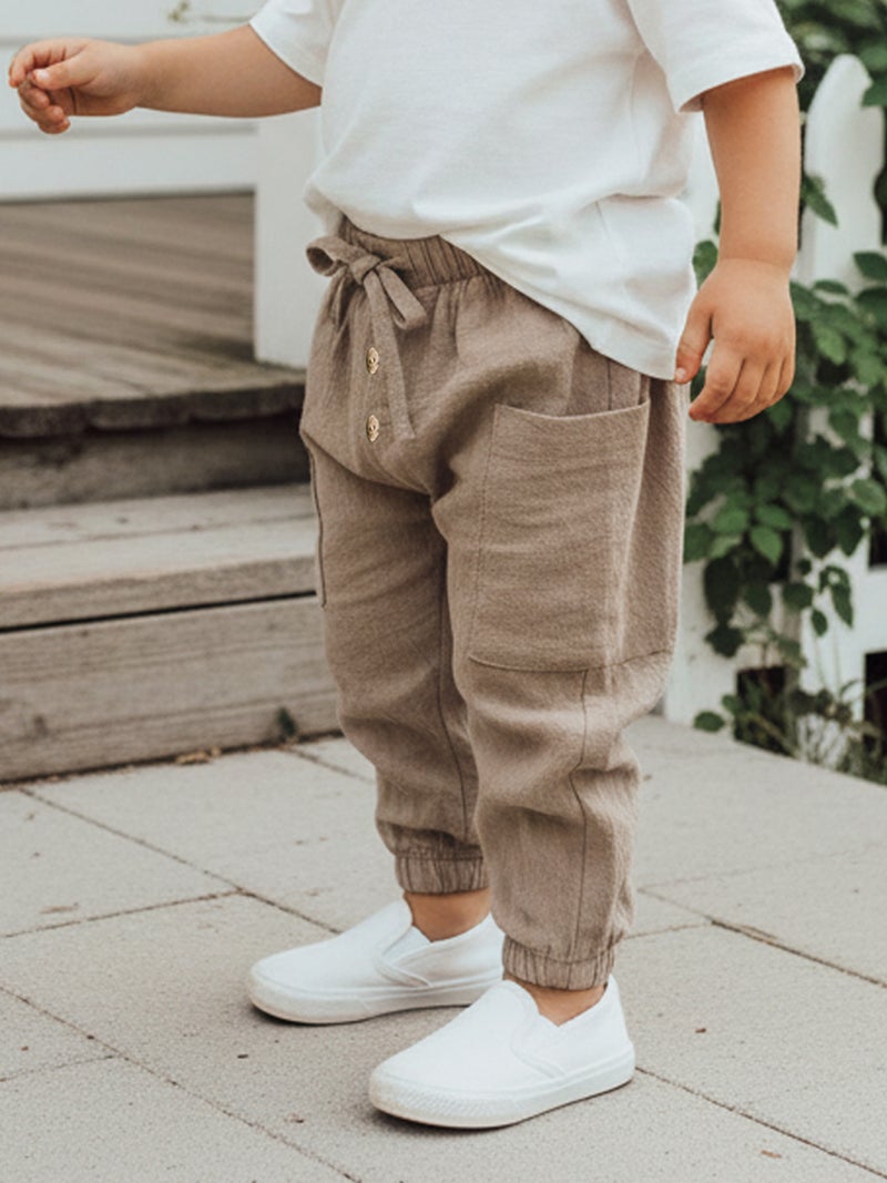 Baby Boys Pants Elastic Waist Solid Color Jogger Pants Casual Cargo Trousers with Pockets - Image 3