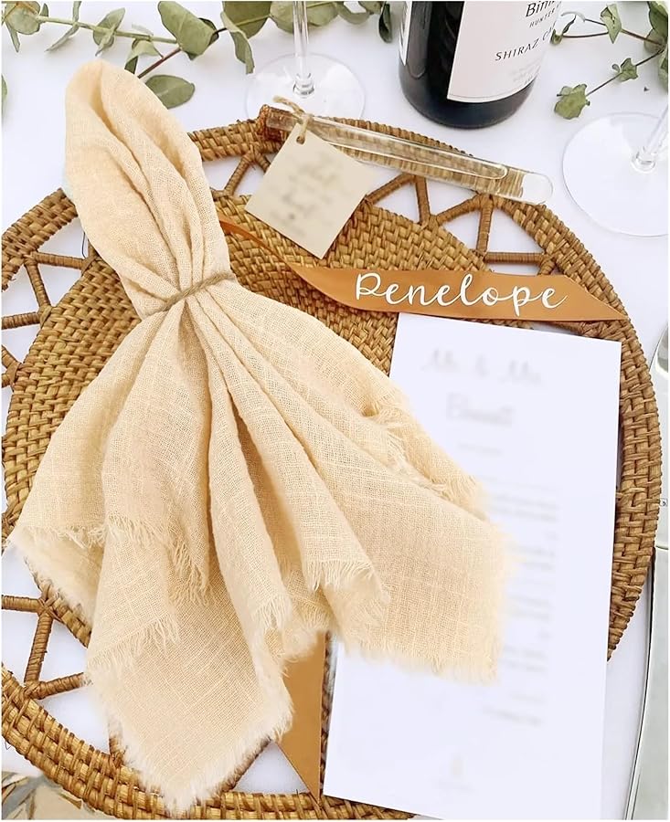 مناديل كتان يدوية الصنع 10 قطع 32x32 سم هدب ديكور طاولة ريفي حفل زفاف عشاء حفلة - Image 5