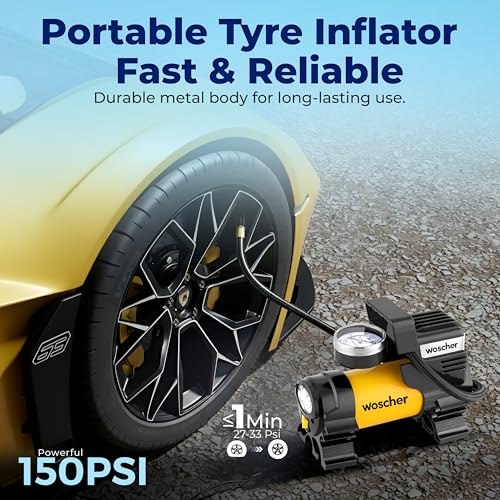 Woscher Boltflow 100% Copper Motor Tyre Inflator for Car and Bike, Air Pump for Car Tyre | 12V DC Superfast 150 PSI Inflation | Metal Body, Emergency LED Light, Bag | Tyre Inflator Kit | 2 Yr Warranty - Image 3