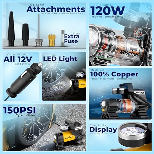 Woscher Boltflow 100% Copper Motor Tyre Inflator for Car and Bike, Air Pump for Car Tyre | 12V DC Superfast 150 PSI Inflation | Metal Body, Emergency LED Light, Bag | Tyre Inflator Kit | 2 Yr Warranty - Image 2