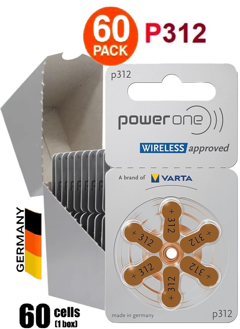 Power One 1.45V Original High Level Hearing Aid Batteries PowerOne P312 Pack Of 60 Pieces (German)  - Image 1