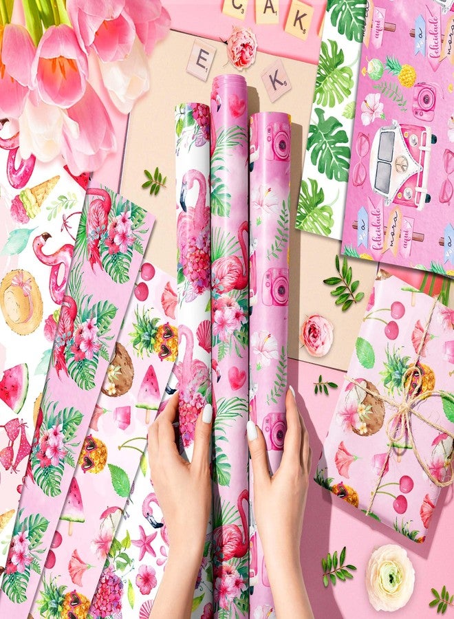 HOWAF 12 Flamingo Wrapping Paper, Hawaiian Flamingo Wrapping Paper, Pink Summer Birthday Wrapping Paper Folded Flat DIY Craft Gift for Summer Christmas Party, Baby Shower Decoration - Image 4