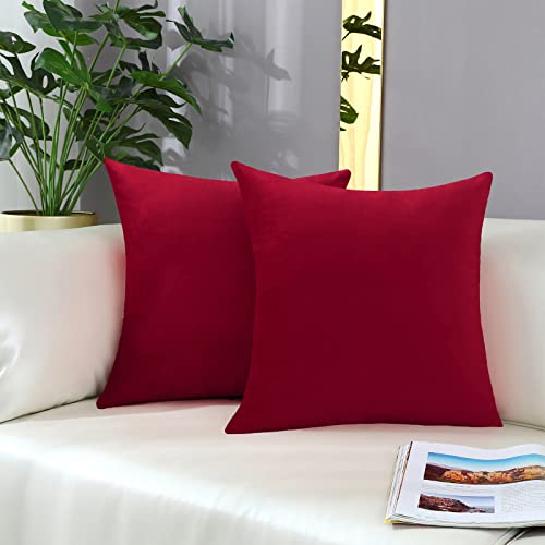 mixeoo Comfy Christmas Red Throw Pillow Covers Decorative Square Solid Thick Velvet Super Soft Cushion Cases Home Decor for Sofa Couch Living Room Chair, Set of 2, 18 x 18 Inch - Image 1