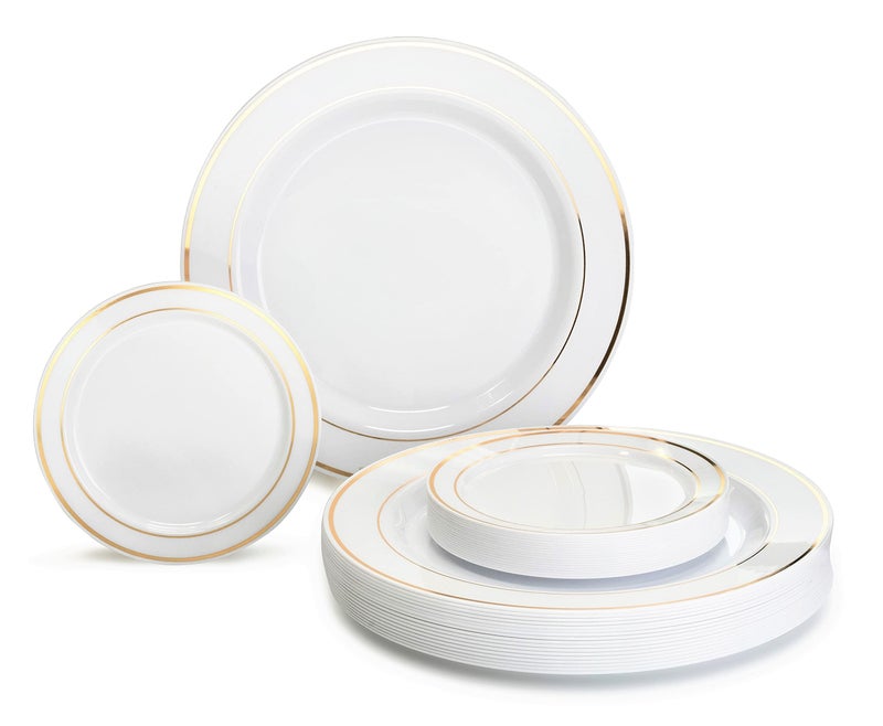 OCCASIONS FINEST PLASTIC TABLEWARE OCCASIONS 240 Plates Pack Heavyweight Premium Disposable Plastic Dinner  DessertCake Plates Set 120 x 105  120 x 625 White  Gold Rim 