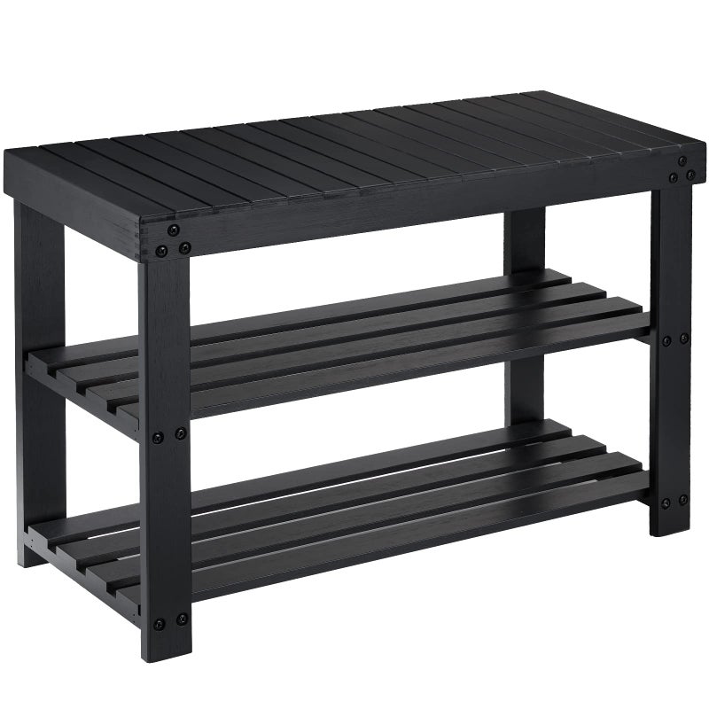 Pipishell Bamboo Shoe Rack Bench, 3 Tier Sturdy Shoe Organizer, Storage Shoe Shelf, Holds up to 300lbs for Entryway Bedroom Living Room Balcony, Black - Image 1