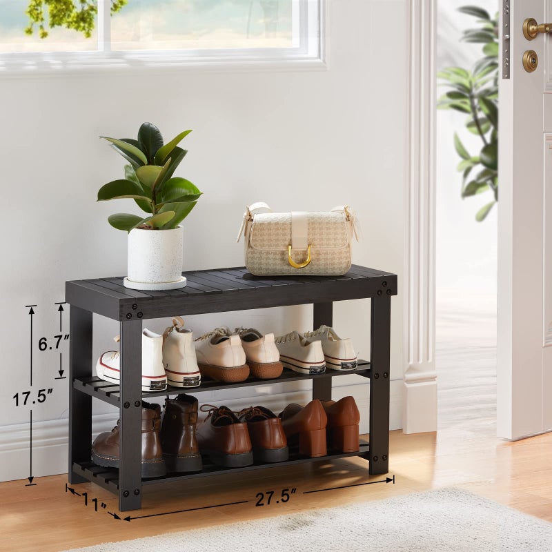 Pipishell Bamboo Shoe Rack Bench, 3 Tier Sturdy Shoe Organizer, Storage Shoe Shelf, Holds up to 300lbs for Entryway Bedroom Living Room Balcony, Black - Image 2