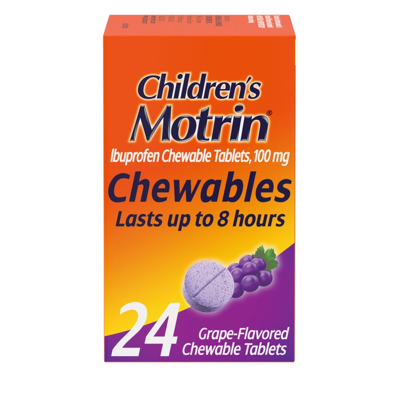 Motrin Children's Chewable Tablets with Ibuprofen, Kids' Fever Reducer & Pain Reliever for Sore Throat, Fever, Toothache & Pain Relief, Grape Flavor, 24 Ct - Image 1
