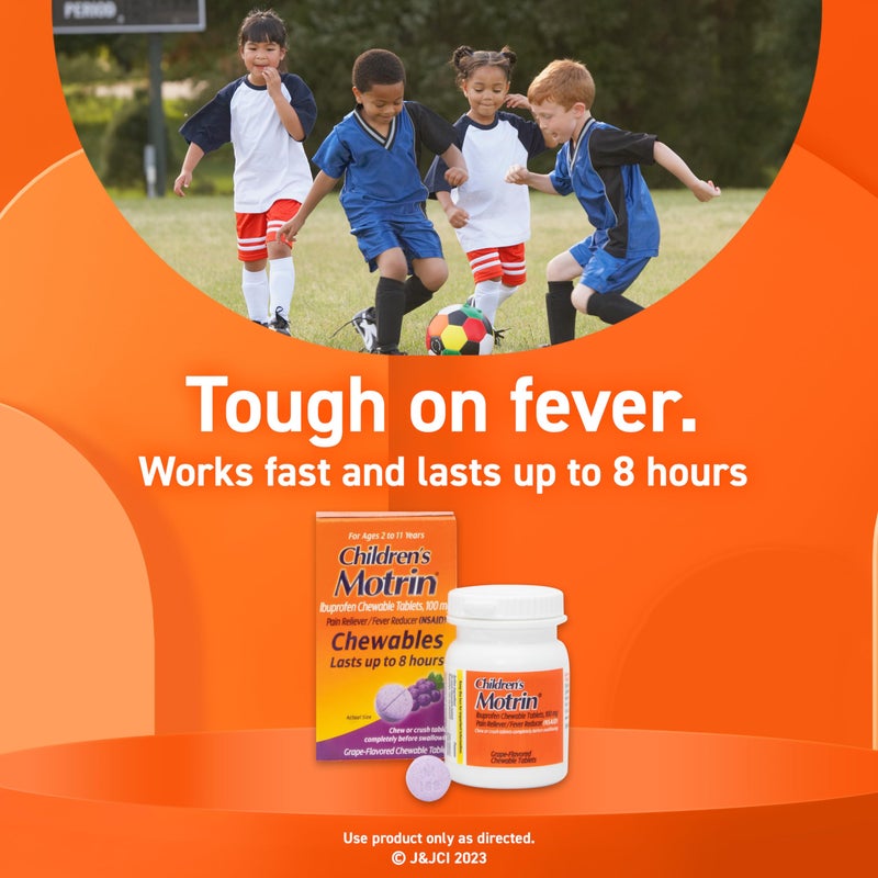 Motrin Children's Chewable Tablets with Ibuprofen, Kids' Fever Reducer & Pain Reliever for Sore Throat, Fever, Toothache & Pain Relief, Grape Flavor, 24 Ct - Image 4
