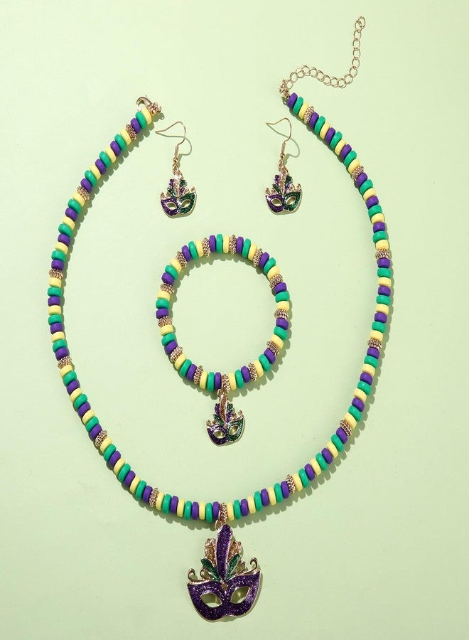 ARATLENCH Mardi Gras Earrings Bracelet Necklace Jewelry Set Glitter Mask Earrings Mardi Gras Fleur De Lis Charm Bracelet Purple Green Gold Beads Choker Necklace Festival Carnival Parade Party Favor Gifts for - Image 3