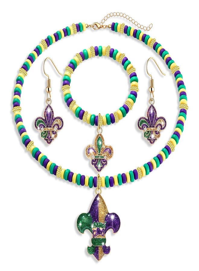ARATLENCH Mardi Gras Earrings Bracelet Necklace Jewelry Set Glitter Mask Earrings Mardi Gras Fleur De Lis Charm Bracelet Purple Green Gold Beads Choker Necklace Festival Carnival Parade Party Favor Gifts for - Image 1