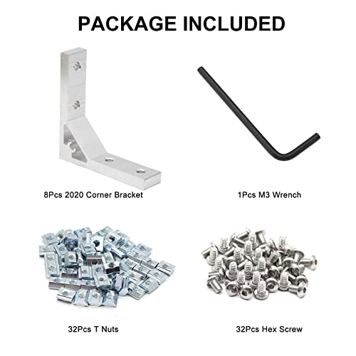 SeekLiny 8Pcs 2020 Corner Brackets Set with 32Pcs M5 T Slot Nuts, 32Pcs M5x12mm Hex Socket Cap Screw and 1Pcs M3 Wrench for 2020 Series Aluminum Extrusion Profile - Image 2