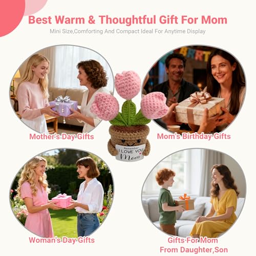 Fmcmly Mini Birthday Gifts for Mother, Remember I Love You MOM, Handmade Crochet Cute Tulip Flower, Gift for Mom from Daughter or Son - Image 4