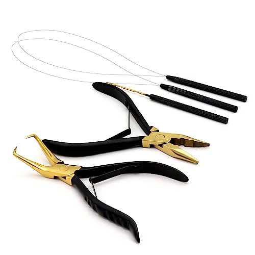 G4 VISION Professional Hair Extension & Beading Tool Kit Remove Plier Set for beads (4 Piece) I-Link Micro Ring Loop Needle Pulling Hook Threader Wire for Silicone Rings (Black Gold) - Image 1